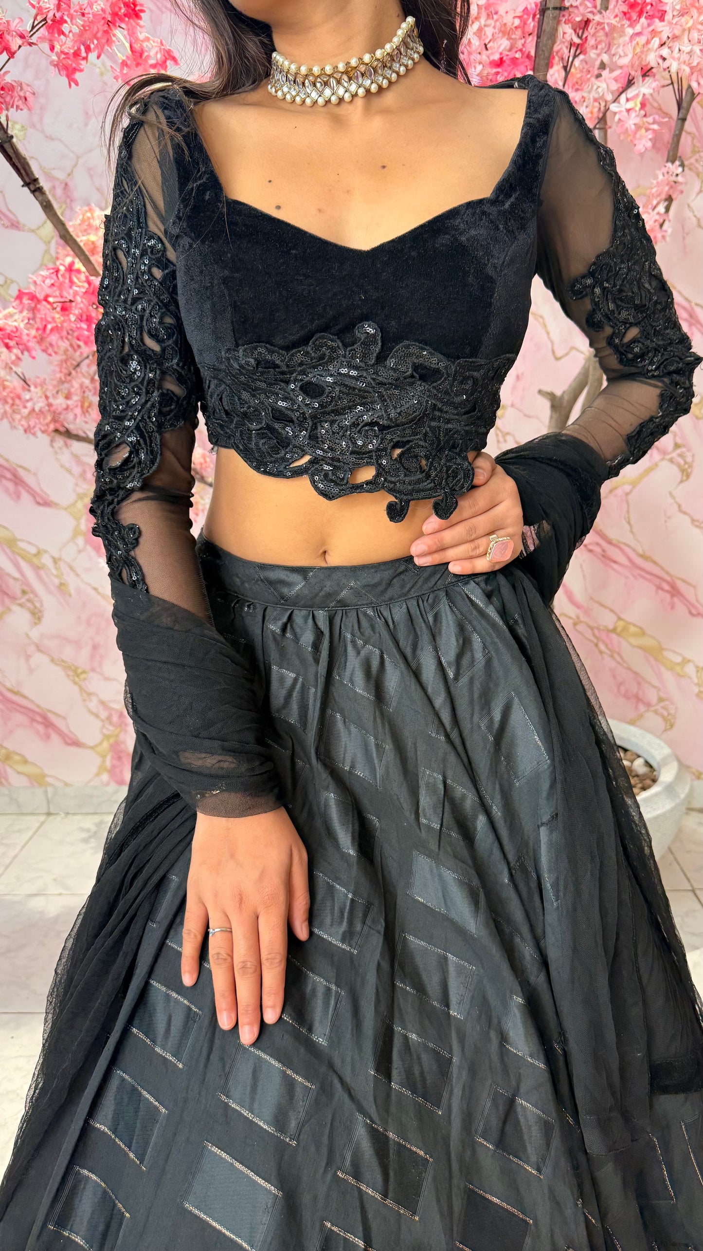 Black sequin velvet wedding lehenga 4010