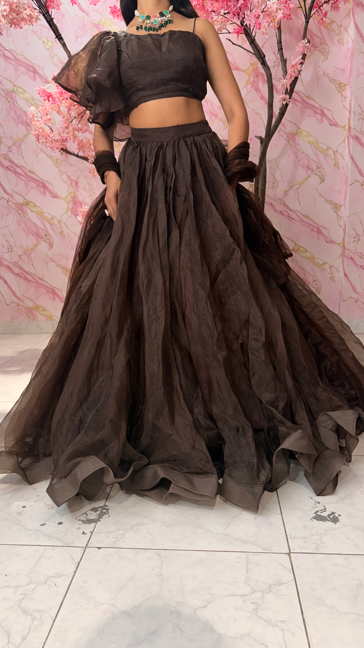 Brown one shoulder lehenga 4005