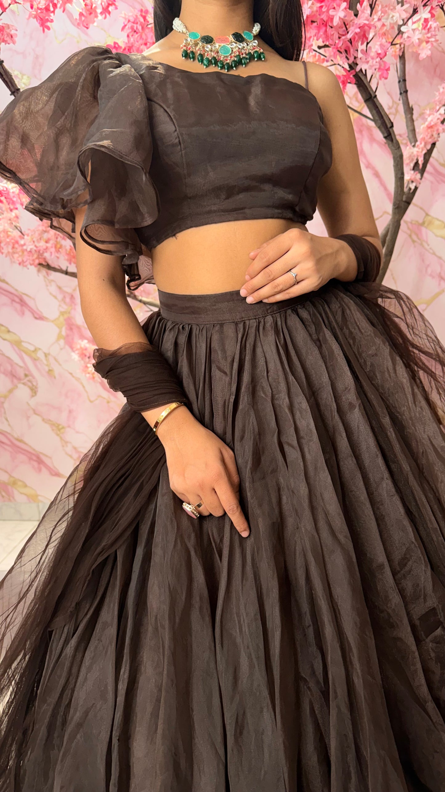 Brown one shoulder lehenga 4005