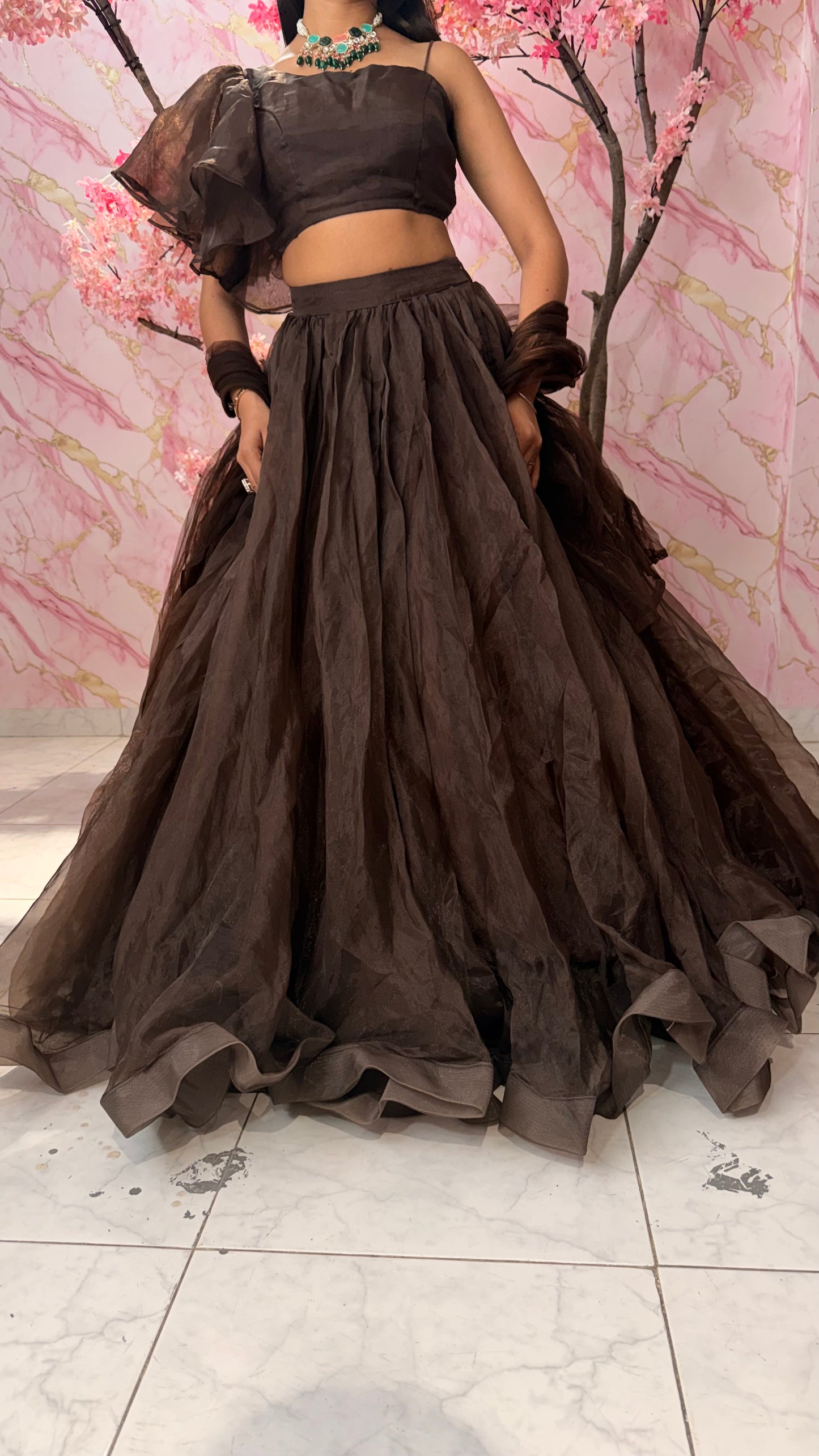 Brown one shoulder lehenga 4005