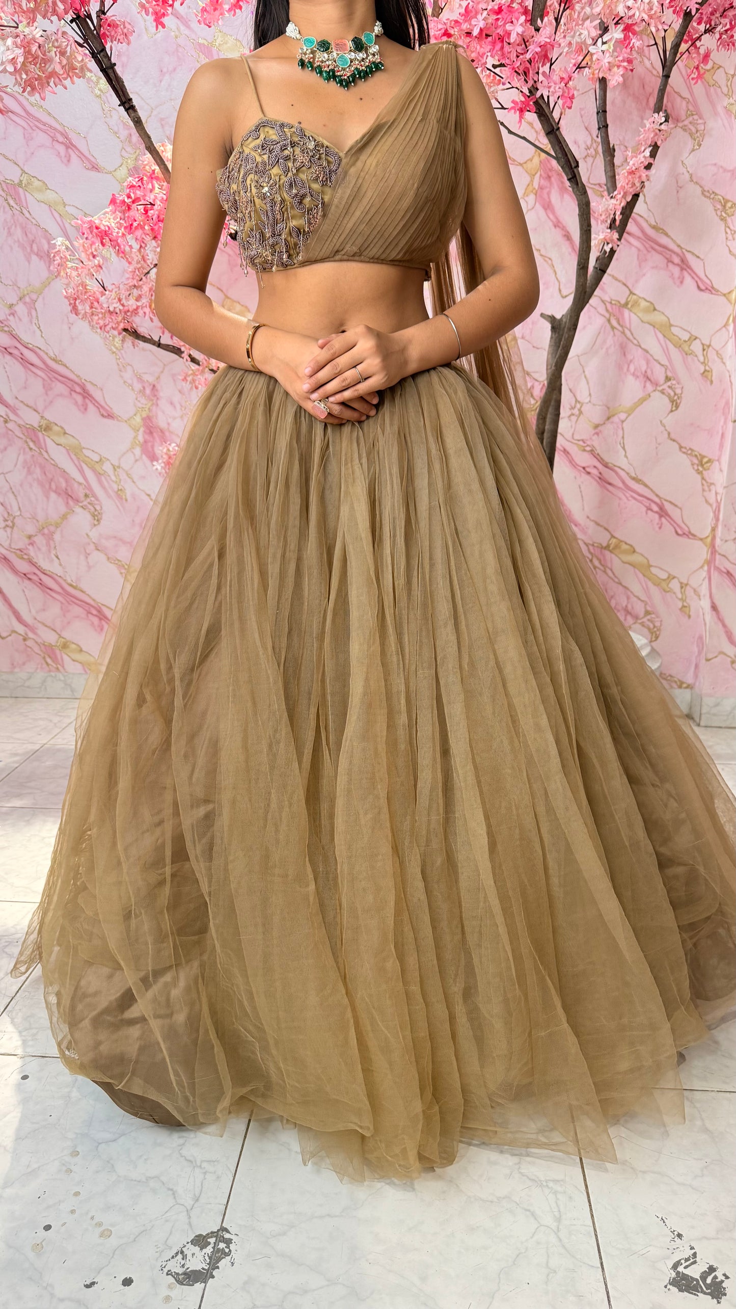 Brown one shoulder lehenga 4003