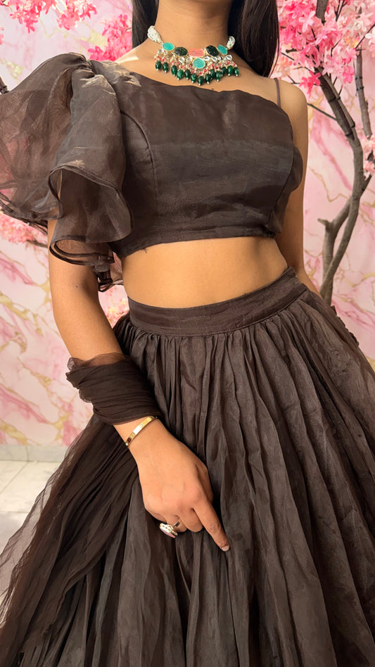 Brown one shoulder lehenga 4005