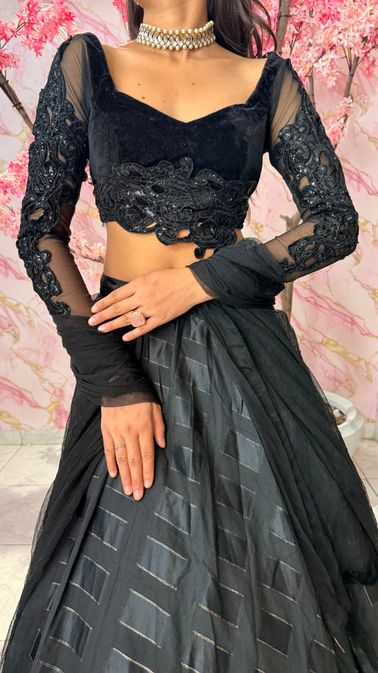 Black sequin velvet wedding lehenga 4010