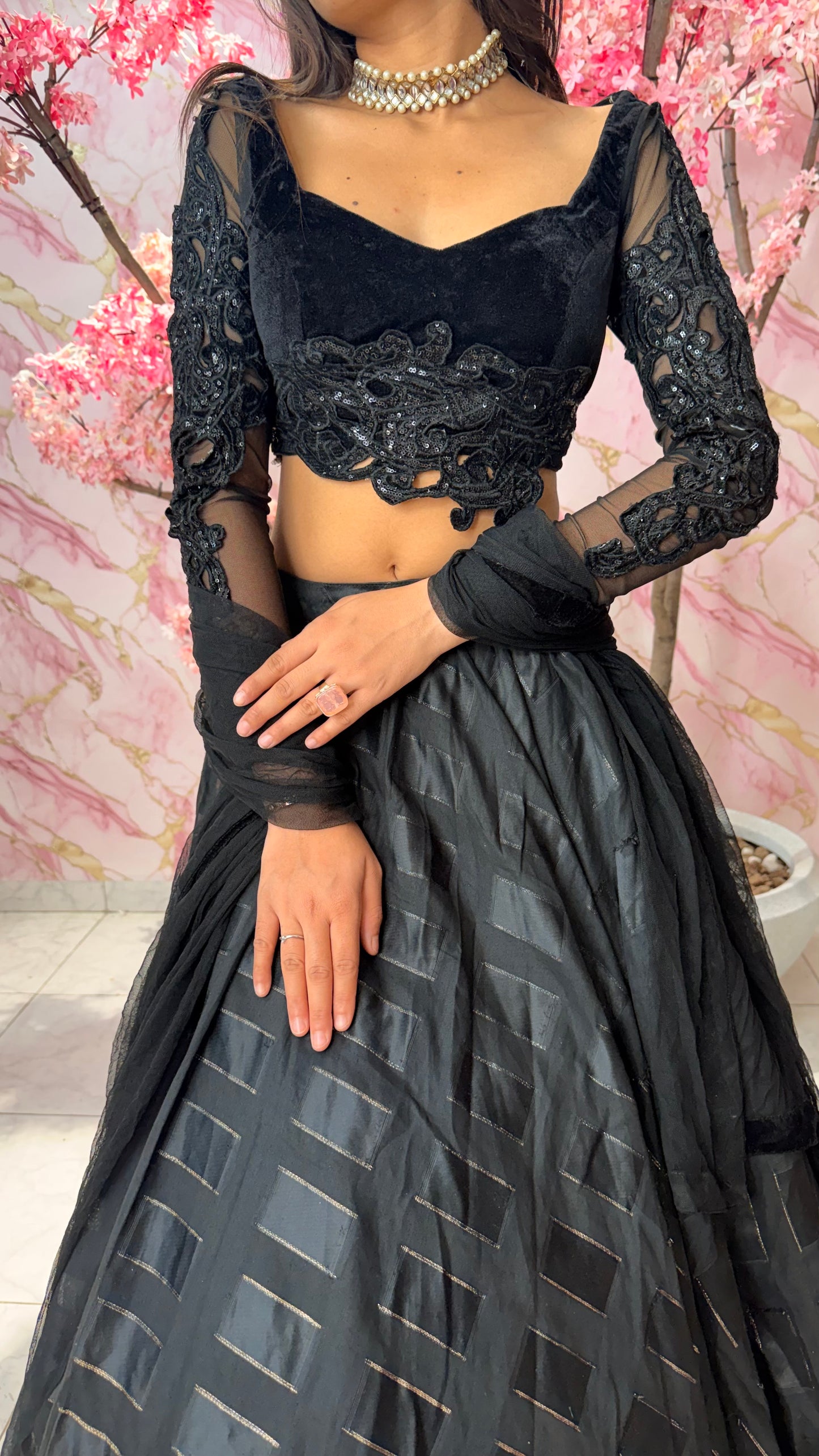 Black sequin velvet wedding lehenga 4010