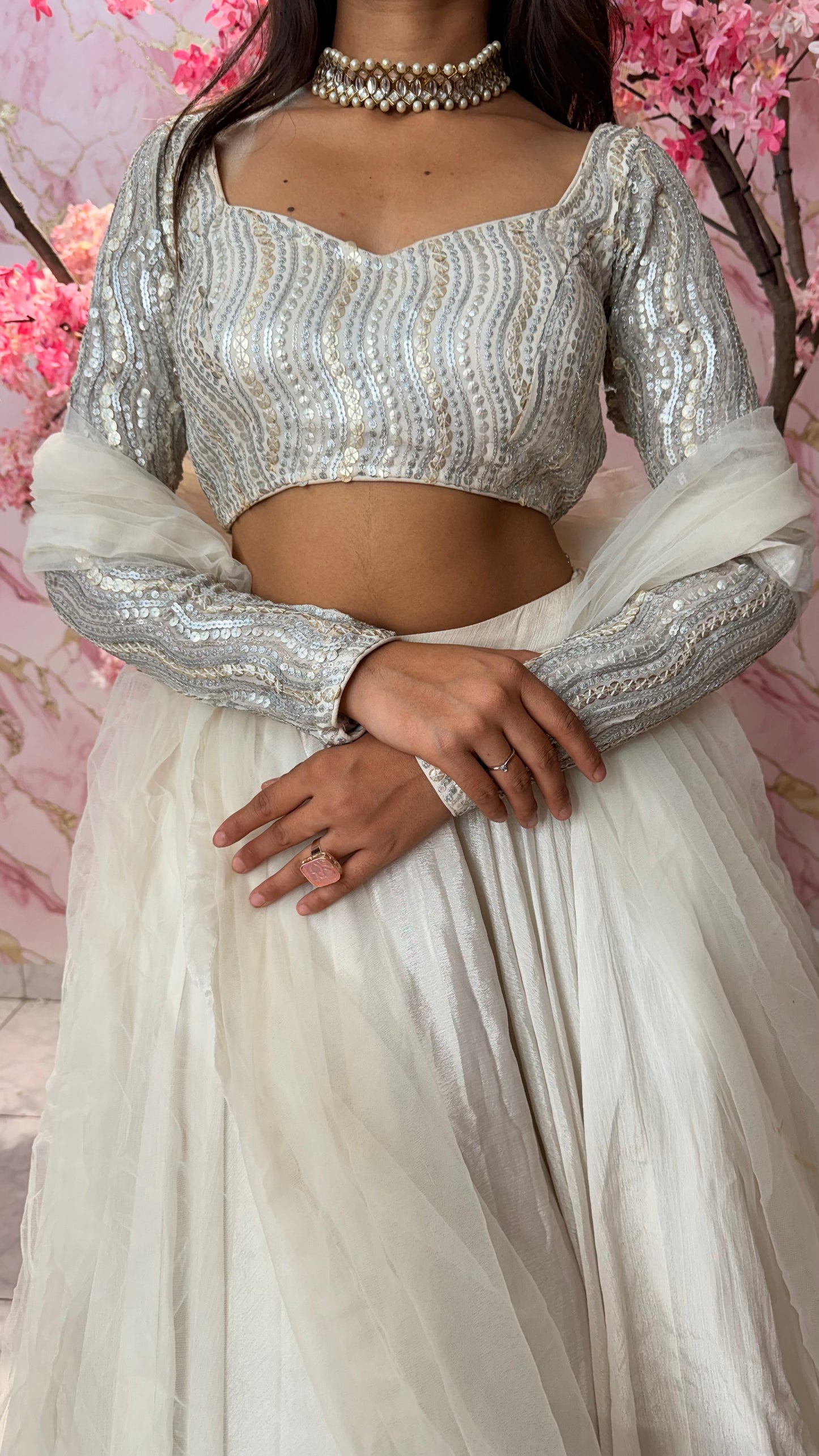 Sequin white wedding lehenga 4008